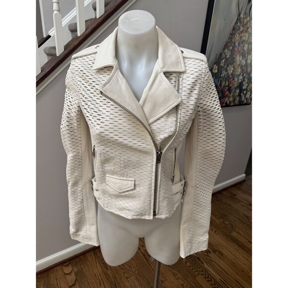 IRO White Slashed Laser Cut Out Lamb Leather Memphis Moto Biker Jacket Size 36 - Picture 1 of 4